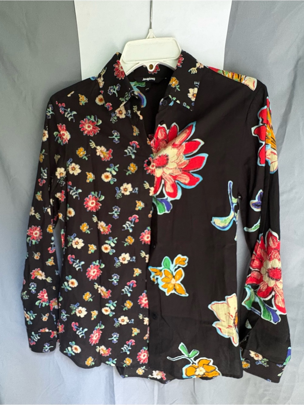 Desigual. Dual Floral half and Half Button-Up Shirt Black Multicolor